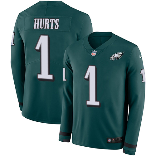 HighQuality Eagles #1 Jalen Hurts Green Team Color Men's Stitched NFL Limited Therma Long Sleeve Jersey Hurry Exclusive offer Place your order for an Eagles jersey immediately