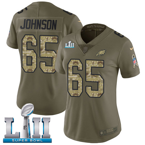 Premium Eagles #65 Lane Johnson Olive/Camo Super Bowl LII Women's Stitched NFL Limited 2017 Salute to Service Jersey Retailers boost your inventory Order these popular Eagles jerseys