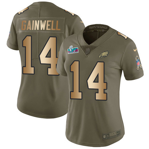 Gorgeous Eagles #14 Kenneth Gainwell Olive/Gold Super Bowl LVII Patch Women's Stitched NFL Limited 2017 Salute To Service Jersey Limited stock Order now to cheer for the Eagles