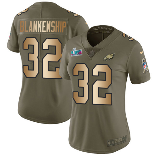 Outstanding Eagles #32 Reed Blankenship Olive/Gold Super Bowl LVII Patch Women's Stitched NFL Limited 2017 Salute To Service Jersey Retailers boost your inventory Order these popular Eagles jerseys