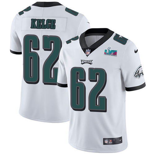 Stunning Eagles #62 Jason Kelce White Super Bowl LVII Patch Men's Stitched NFL Vapor Untouchable Limited Jersey Collectors this is a must have Add this Eagles jersey to your collection