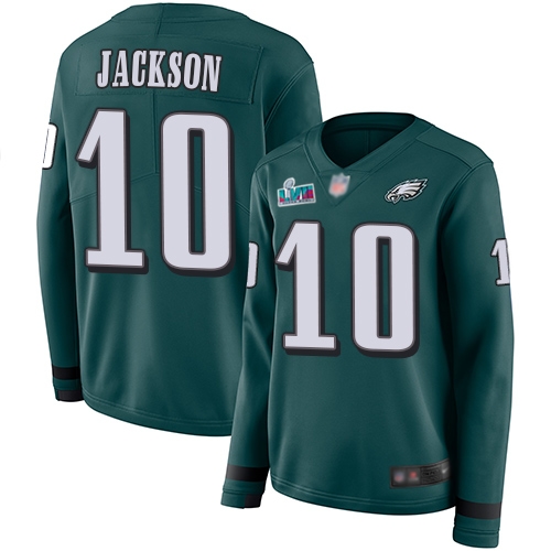 Stunning Eagles #10 DeSean Jackson Green Super Bowl LVII Patch Team Color Women's Stitched NFL Limited Therma Long Sleeve Jersey Act fast Only a few left Secure your Eagles jersey today