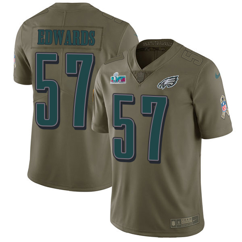 Gorgeous Eagles #57 T. J. Edwards Olive Super Bowl LVII Patch Men's Stitched NFL Limited 2017 Salute To Service Jersey Limited stock Order now to cheer for the Eagles