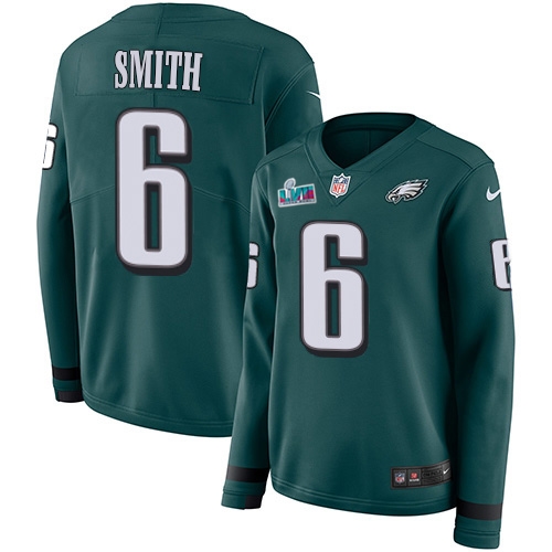 Stunning Eagles #6 DeVonta Smith Green Super Bowl LVII Patch Team Color Women's Stitched NFL Limited Therma Long Sleeve Jersey Retailers boost your inventory Order these popular Eagles jerseys