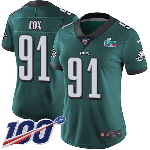 Premium Eagles #91 Fletcher Cox Green Team Color Super Bowl LVII Patch Women's Stitched NFL 100th Season Vapor Limited Jersey Sports enthusiasts Seize the opportunity Order your Eagles jersey
