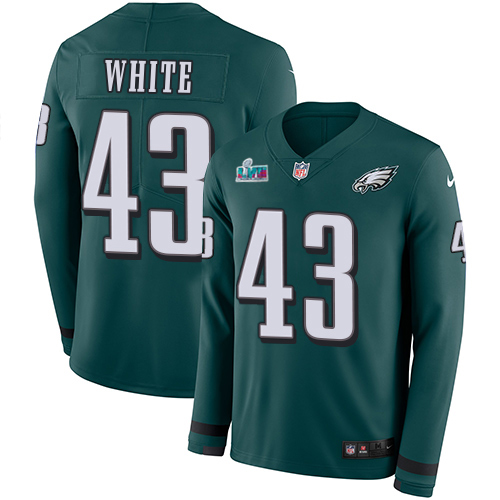 Fantastic Eagles #43 Kyzir White Green Team Color Super Bowl LVII Patch Youth Stitched NFL Limited Therma Long Sleeve Jersey Collectors this is a must have Add this Eagles jersey to your collection