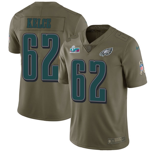 Superb Eagles #62 Jason Kelce Olive Super Bowl LVII Patch Men's Stitched NFL Limited 2017 Salute To Service Jersey Limited stock Order now to cheer for the Eagles
