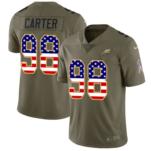 HighQuality Eagles #98 Jalen Carter Olive/USA Flag Men's Stitched NFL Limited 2017 Salute To Service Jersey Retailers boost your inventory Order these popular Eagles jerseys
