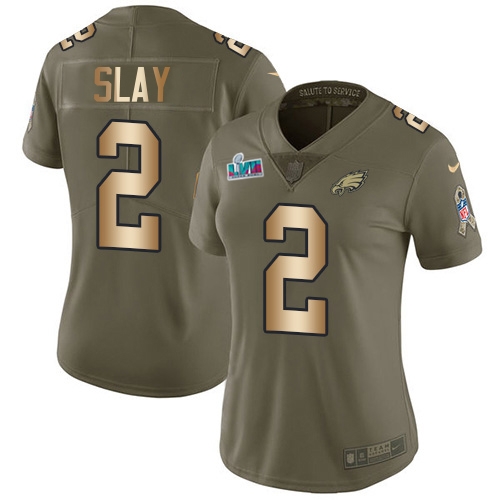 Exceptional Eagles #2 Darius Slay Olive/Gold Super Bowl LVII Patch Women's Stitched NFL Limited 2017 Salute To Service Jersey Collectors this is a must have Add this Eagles jersey to your collection