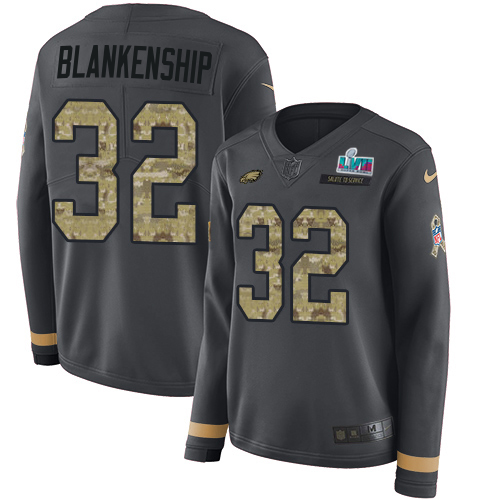 Fantastic Eagles #32 Reed Blankenship Anthracite Salute to Service Super Bowl LVII Patch Women's Stitched NFL Limited Therma Long Sleeve Jersey Sports fans this is your chance Order soon to support the Eagles