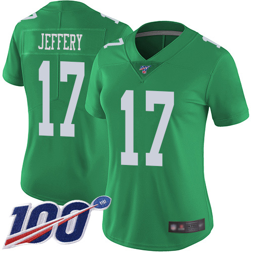 Stunning Eagles #17 Alshon Jeffery Green Women's Stitched NFL Limited Rush 100th Season Jersey With high demand Order now to show your love for the Eagles