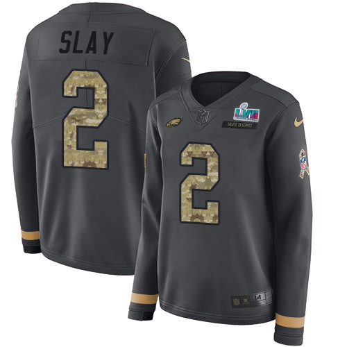 HighQuality Eagles #2 Darius Slay Anthracite Super Bowl LVII Patch Salute to Service Women's Stitched NFL Limited Therma Long Sleeve Jersey For a short time available Don't miss your chance to own an Eagles jersey