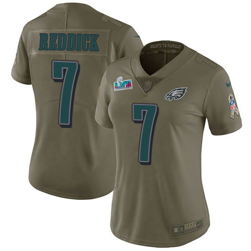 Superb Eagles #7 Haason Reddick Olive Super Bowl LVII Patch Women's Stitched NFL Limited 2017 Salute To Service Jersey Retailers boost your inventory Order these popular Eagles jerseys