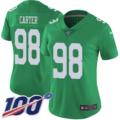 Delightful Eagles #98 Jalen Carter Green Women's Stitched NFL Limited Rush 100th Season Jersey Retailers boost your inventory Order these popular Eagles jerseys