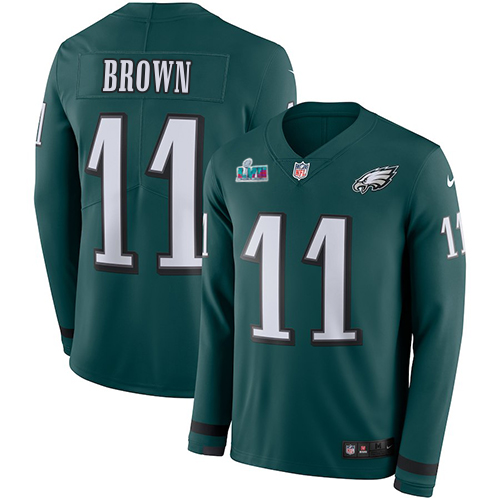 Outstanding Eagles #11 A.J. Brown Green Team Color Super Bowl LVII Patch Youth Stitched NFL Limited Therma Long Sleeve Jersey Limited stock Order now to cheer for the Eagles