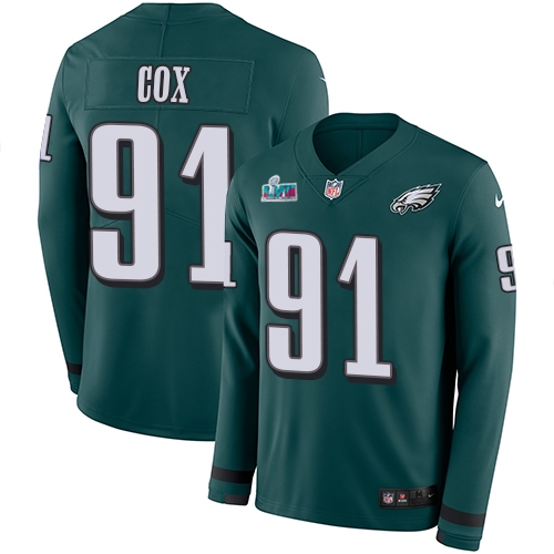 Exceptional Eagles #91 Fletcher Cox Green Super Bowl LVII Patch Team Color Men's Stitched NFL Limited Therma Long Sleeve Jersey Collectors this is a must have Add this Eagles jersey to your collection