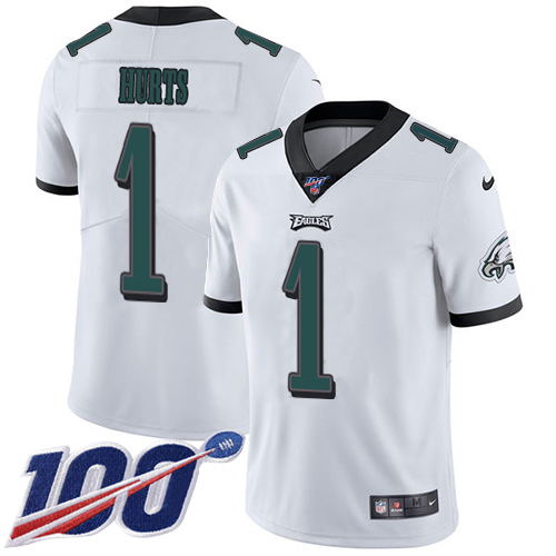 Fantastic Eagles #1 Jalen Hurts White Men's Stitched NFL 100th Season Vapor Untouchable Limited Jersey Retailers boost your inventory Order these popular Eagles jerseys