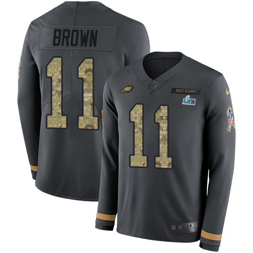 Exceptional Eagles #11 A.J. Brown Anthracite Salute to Service Super Bowl LVII Patch Youth Stitched NFL Limited Therma Long Sleeve Jersey Collectors this is a must have Add this Eagles jersey to your collection