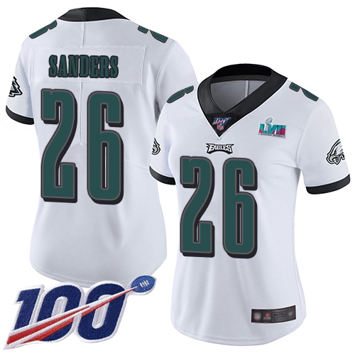 Fantastic Eagles #26 Miles Sanders White Super Bowl LVII Patch Women's Stitched NFL 100th Season Vapor Limited Jersey Collectors this is a must have Add this Eagles jersey to your collection