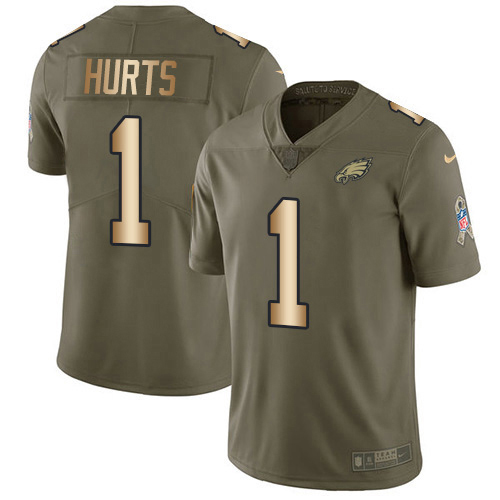 Premium Eagles #1 Jalen Hurts Olive/Gold Youth Stitched NFL Limited 2017 Salute To Service Jersey For a short time available Don't miss your chance to own an Eagles jersey