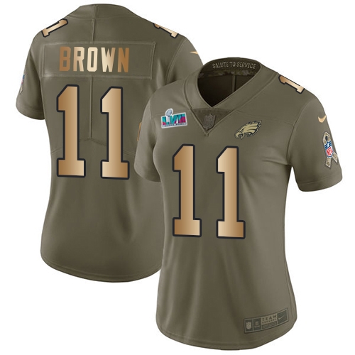 HighQuality Eagles #11 A.J. Brown Olive/Gold Super Bowl LVII Patch Women's Stitched NFL Limited 2017 Salute To Service Jersey Collectors this is a must have Add this Eagles jersey to your collection